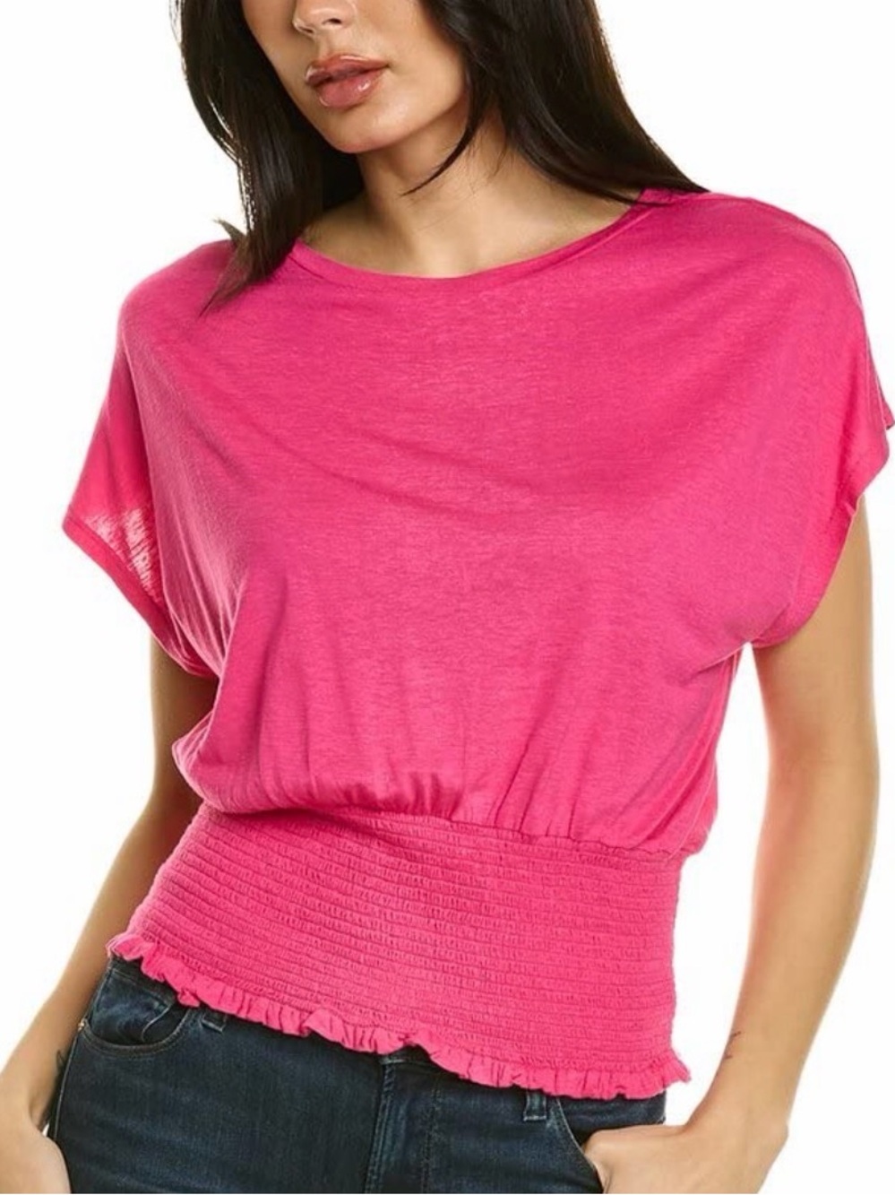 BCBGMaxAzria Hot Pink Smocked Waist Short Sleeve Top